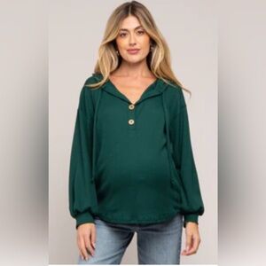 PinkBlush BiBi Forest Green Button Accent Hooded Maternity Henley Top Large